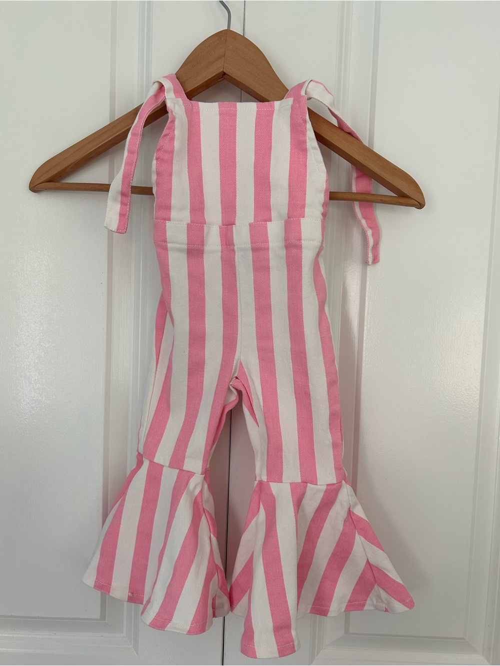 Bailey’s Blossoms pink and white flare leg overall romper baby girl 9-12 months